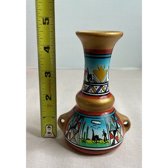 Terracotta Pottery Vase Hand Painted Colorful  5” Tall - Picture 5 of 6